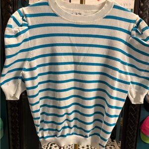 LA MIEL White Short Sleeve Sweater with Turquoise Stripes